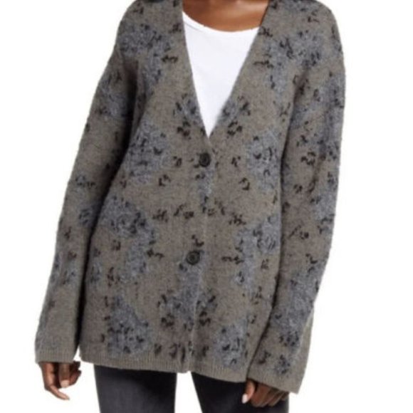 All Saints Sweaters - All Saints Grey Black Khaki Patterned V-Neck Wool Blend Cardigan